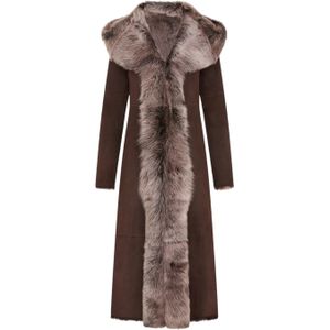 Vrouwelijke bruine zilveren suède Toscaanse schapenvacht trenchcoat met capuchon - Rushden
