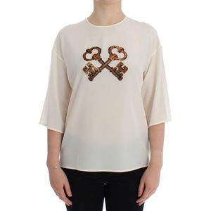 Dolce Gabbana Witte Gecombineerde Sleutel Zijden Blouse