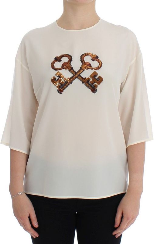 Dolce Gabbana Witte Gecombineerde Sleutel Zijden Blouse