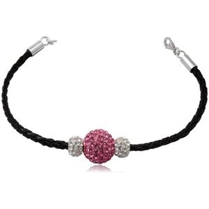 Zwarte leren armband, witte en roze kristallen kralen