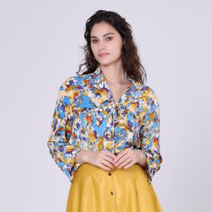 Blouse - Abstracte Print - Met Ascot Kraag - 3/4 Mouwen