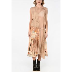 MMO Accordeon maxi asymmetrische jurk met bloemenprint van zijdemix in beige