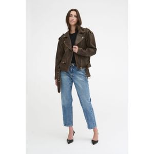 My Essential Wardrobe - Bruine Retro Wash Leren Bikerjas - Dames - Leer