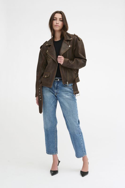 My Essential Wardrobe - Bruine Retro Wash Leren Bikerjas - Dames - Leer