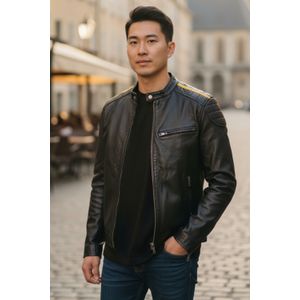 Heren zwarte gewatteerde gele streep leren bikerjack - Rider