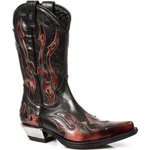 New Rock Flame geaccentueerde zwart/rode halfhoge cowboylaarzen-7921-S2