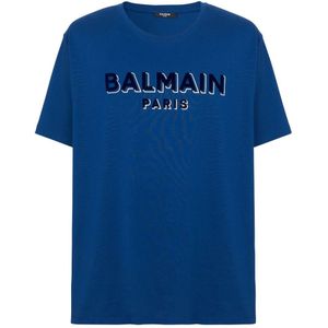 Balmain Oversized T-shirt Met Ronde Hals En Fluwelen Logo In Blauw - Maat S