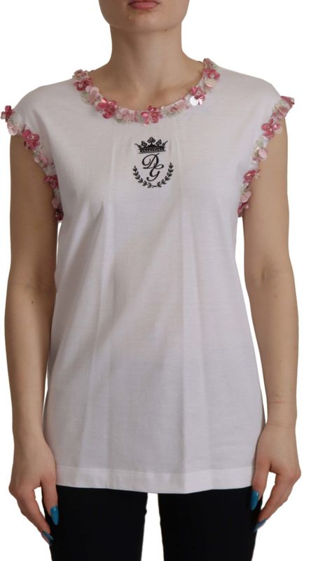Dolce & Gabbana - Tank Top - Wit - Met Zwarte DG Crown Borduursel en Roze Pailletten