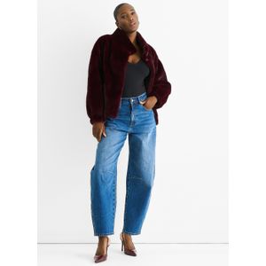 Angora Rode Funnel Nek Knop-up Nepleren Jas