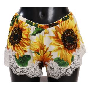 Zonnebloemprint Zijde Shorts met Kantafwerking