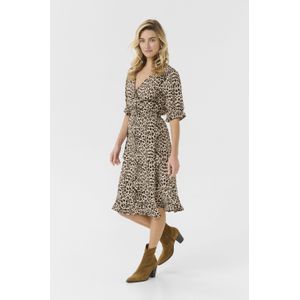 Cream - CRTiah - Jurk - Lichtbruin/Zwart - Dierenprint - V-hals - Knielengte