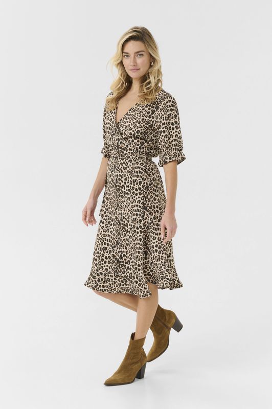 Cream - CRTiah - Jurk - Lichtbruin/Zwart - Dierenprint - V-hals - Knielengte