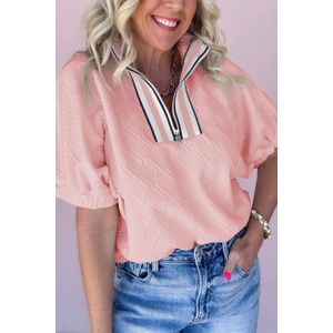 Textuur Halfzip Pofmouwen Top