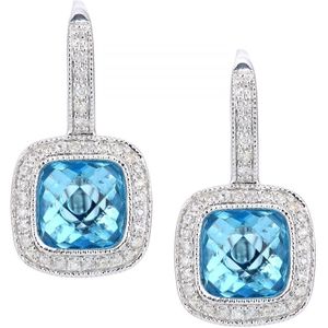 9ct witgouden diamanten en blauwe topaas vierkante oorringen