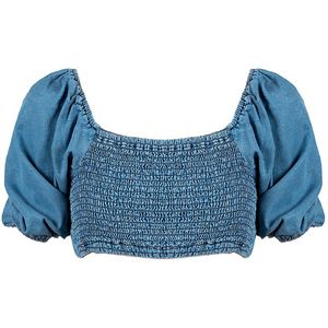 Patrizia Pepe - Overhemden - Blauw - Modieuze Crop Top met Decoratieve Strik op de Rug