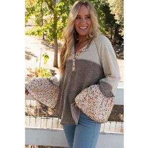 Azura Exchange Geiten Colorblock Bloemen Patchwork Uitlopende Mouwen Knopen Henley Top