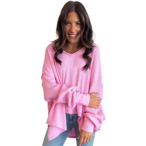 Azura Exchange Bonbon Waffle Knit Exposed Seam Hoge Laag Top