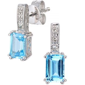 9ct witgouden diamanten en blauwe topaas edelstenen rechthoekig geslepen oorbellen