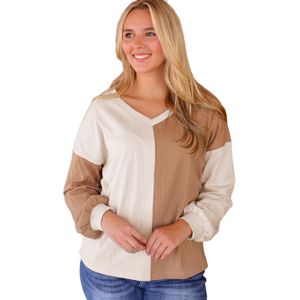 Tweekleurige Geribbelde Gebreide Lange Mouw Top