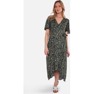 Khaki dierenprint viscose wikkel midi jurk