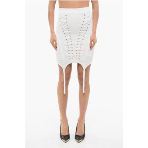 Gebreide minirok met vetersluiting in wit