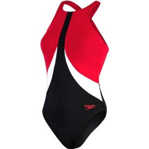 Women's Speedo Colourblock Highneck Crossback Swimsuit in Black Red