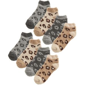 8 paar multiverpakking pluizige enkelsokken voor dames | Nieuwe sokken met dierenprint voor dames - Grijs / Beige