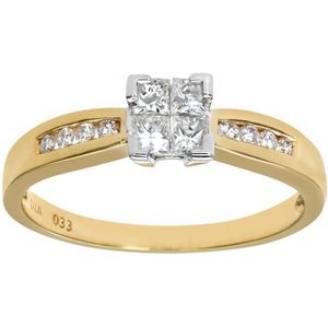 18kt geelgoud 33Pt 4 diamanten solitaire look met diamanten schouders verlovingsring