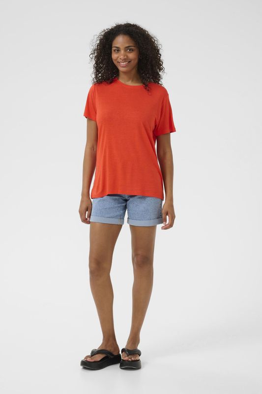 Kaffe - Grenadine - T-shirt - Oranje - Dames - Korte Mouwen - Linnen