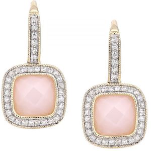 9ct geelgouden diamanten en roze opaal vierkante oorringen