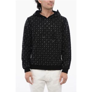 Geborstelde katoenen hoodie met contrasterend strass-logo in zwart
