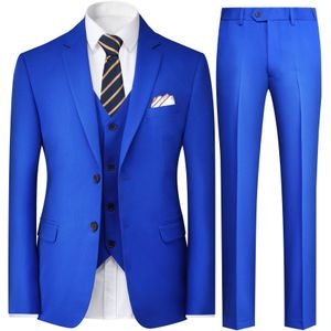 3-delig herenkostuum in effen kleur met twee knopen en revers, koningsblauw