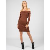 Guess - Elegante Zomer Midi - Jurk - Bruin - Geribbelde Stof, Boot Halslijn, Blote Schouders