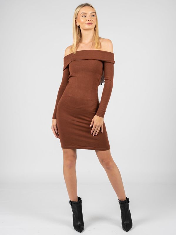 Guess - Elegante Zomer Midi - Jurk - Bruin - Geribbelde Stof, Boot Halslijn, Blote Schouders