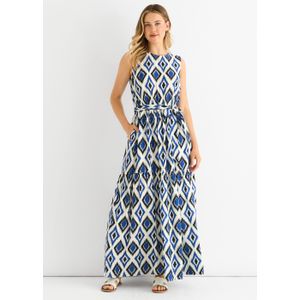 Blauwe midaxi jurk met geoprint en elastische taille