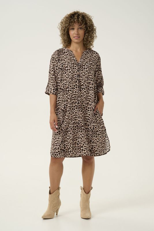 Cream - Luipaardprint Jurk - Bruin - Dames - V-Hals