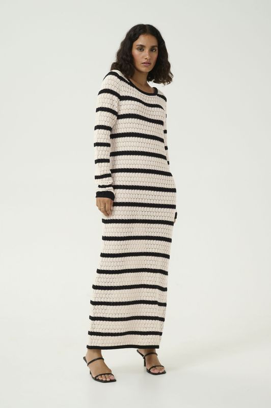 Jurk - Regular Fit - Midi Lengte - Lange Mouwen - Zwart - Offwhite