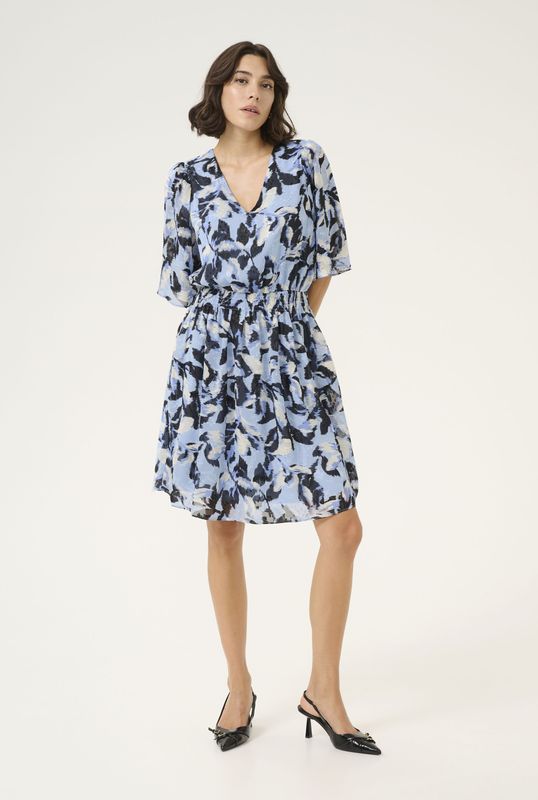 Kaffe - Blauwe Bloemenprint Jurk - Dames - A-lijn