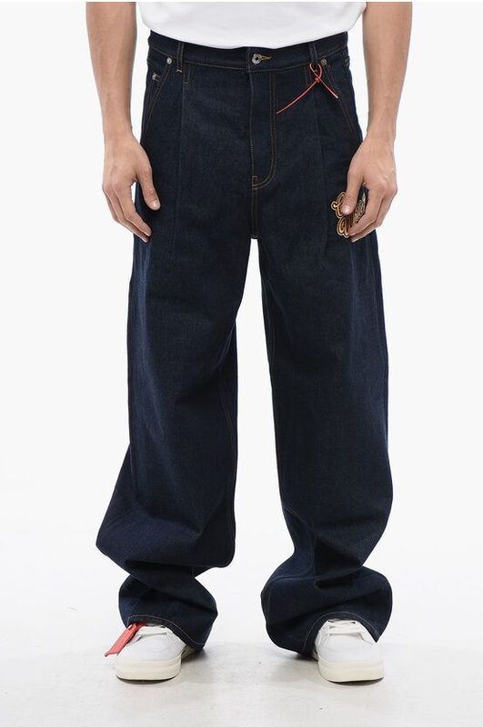 Enkelgeplooide baggy jeans met geborduurd logo, 28 cm, blauw