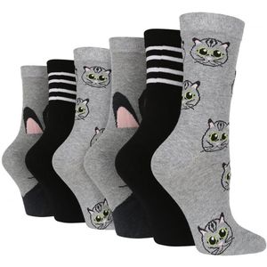 Wildfeet - 6 Paar Multipack Dames Crew Sokken - Leuke Dierenpatroon Sokken - Katten - Maat 37 - 42