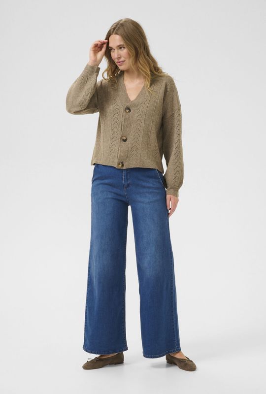 Cream - Cardigan - Bruin - Met Lange Pofmouwen - V-hals met Knoopsluiting