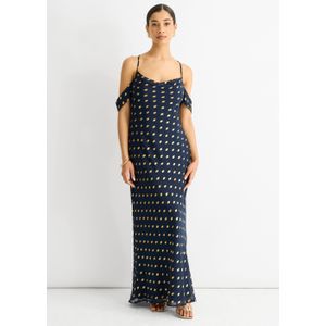 Marineblauwe maxi-jurk met col, afhangende mouwen en folieprint