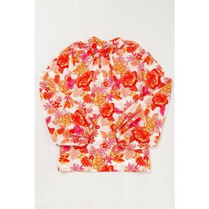 Azura Exchange Oranje Bloemenprint Pareltjesknop Sleutelgat Lange Puffy Mouw Blouse