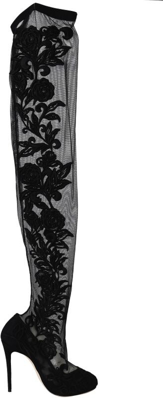 Dolce & Gabbana Zwarte Bloemen Kant Enkelboots Hakken