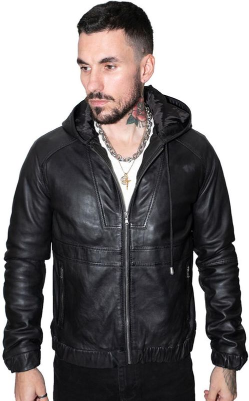 Casual - Odesa - Leren Herenbomberjack - Met Capuchon - Zwart