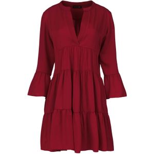 Wijn - A-lijn Jurk - Geplooide Naden - Driekwart Klokmouwen - Ronde Hals