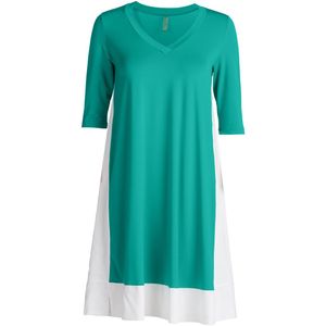 CONQUISTA - A-lijn Jersey Jurk - Met Contrasterende Witte Geweven Stof - Elleboogmouwen - V-hals