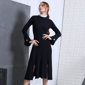 Midi geplooide kraag-gebreide jurk