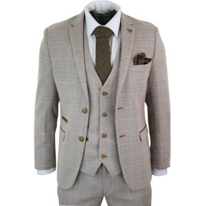 Heren 3-delig beige tweed geruit vintage retro pak