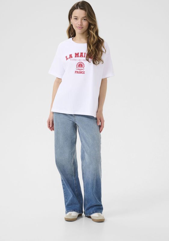 Kaffe - Shirt - Rood/Wit - Ronde Hals - Kwartmouw